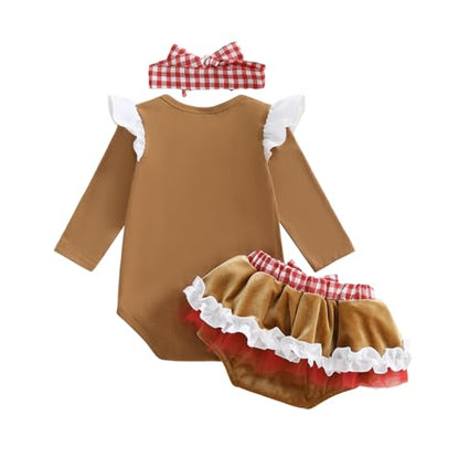 Baby Girl Christmas Outfit Gingerbread Ruffle Romper with Tutu Mini Skirt Shorts and Headband Set Fall Clothes
