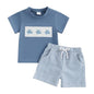 Toddler Baby Boy Summer Outfits Short Sleeve Embroidered T Shirt Tees + Striped/Plaid Shorts Infant Clothes Set