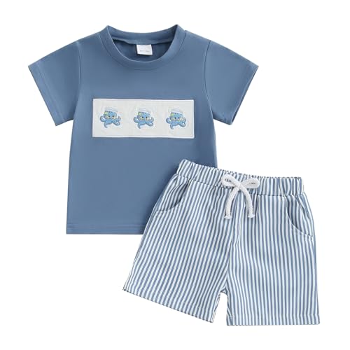 Toddler Baby Boy Summer Outfits Short Sleeve Embroidered T Shirt Tees + Striped/Plaid Shorts Infant Clothes Set
