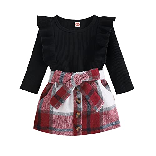 Noubeau Toddler Baby Girls Plaid Outfits Knit Ribbed Sweatshirt Shirt Tops Red Plaid Belt Skirt Fall Winter Clothes