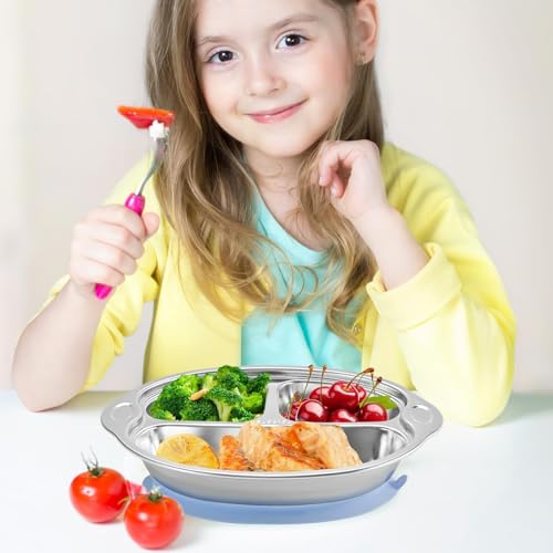 Mrs. Chou® Stainless Steel Baby Suction Plates Divided Designed for Babies and Toddlers, Made of 100% Food-Grade Materials Ideal for Baby-Led Weaning BPA-Free Toddler Feeding Supplies Dishwasher Safe