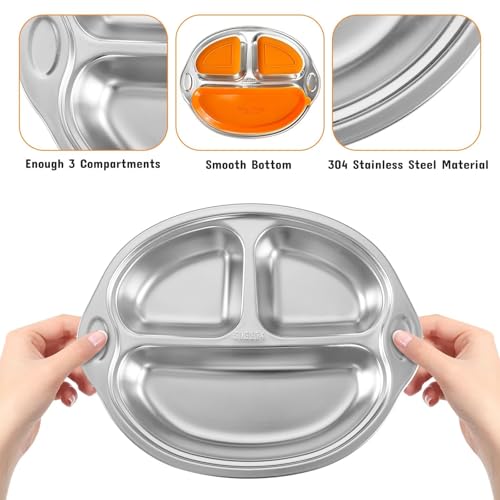 Mrs. Chou® Stainless Steel Baby Suction Plates Divided Designed for Babies and Toddlers, Made of 100% Food-Grade Materials Ideal for Baby-Led Weaning BPA-Free Toddler Feeding Supplies Dishwasher Safe