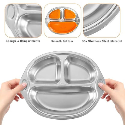 Mrs. Chou® Stainless Steel Baby Suction Plates Divided Designed for Babies and Toddlers, Made of 100% Food-Grade Materials Ideal for Baby-Led Weaning BPA-Free Toddler Feeding Supplies Dishwasher Safe
