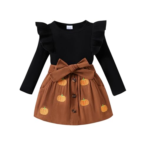 Noubeau Toddler Baby Girls Plaid Outfits Knit Ribbed Sweatshirt Shirt Tops Red Plaid Belt Skirt Fall Winter Clothes