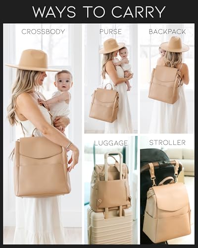 Leather Diaper Bag Backpack with USB Charging port, Changing Pad, Stroller Straps, and Bottle Holder (Brown Olivia)