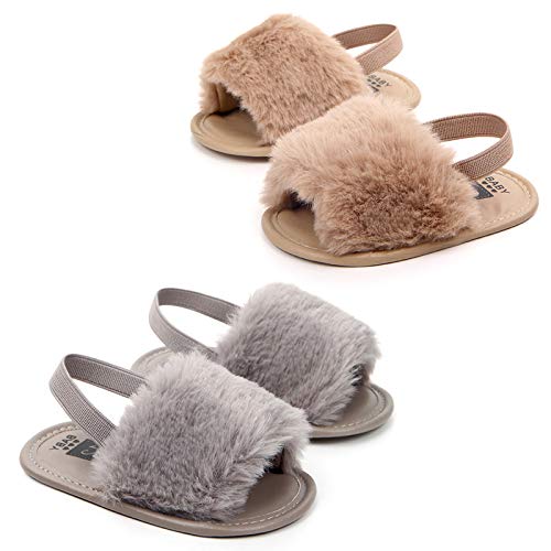 2 Pack Infant Baby Girls Sandals Elastic Back Strap Flats Slippers Soft Toddles Princess Shoes Faux Fur Slides Shoes First Walker House Shoes