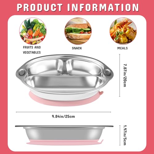 Mrs. Chou® Stainless Steel Baby Suction Plates Divided Designed for Babies and Toddlers, Made of 100% Food-Grade Materials Ideal for Baby-Led Weaning BPA-Free Toddler Feeding Supplies Dishwasher Safe