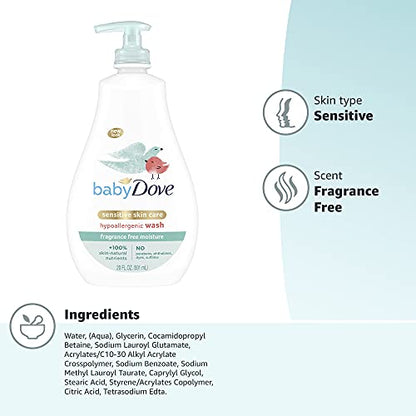Baby Dove Sensitive Skin Care Baby Wash Fragrance Free Moisture For Baby Bath Time Fragrance Free and Hypoallergenic, Washes Away Bacteria 34 oz (Pack of 1)