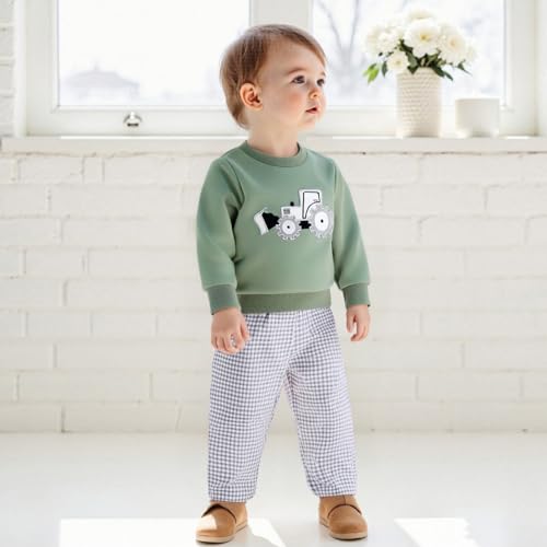 Toddler Baby Boy Fall Winter Outfit Long Sleeve Excavator Embroidery Pullover Plaid Wide Leg Pants Infant Clothes