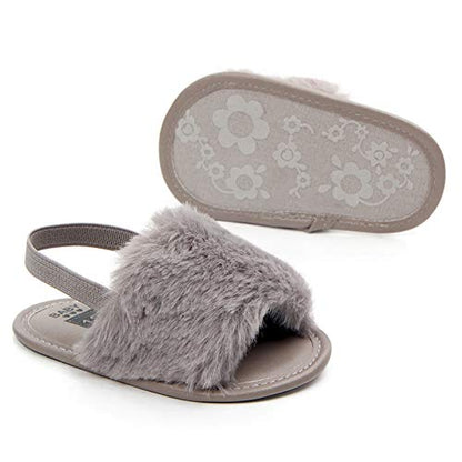 2 Pack Infant Baby Girls Sandals Elastic Back Strap Flats Slippers Soft Toddles Princess Shoes Faux Fur Slides Shoes First Walker House Shoes