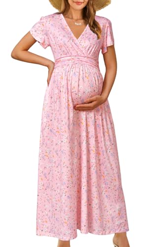 OUGES Maternity Maxi Dress Wrap V Neck Baby Shower Pregnancy Dresses for Photoshoot