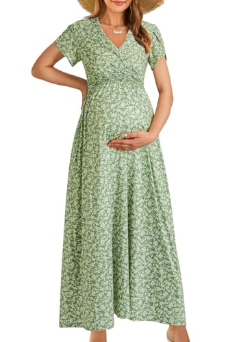 OUGES Maternity Maxi Dress Wrap V Neck Baby Shower Pregnancy Dresses for Photoshoot