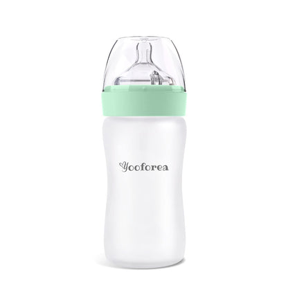 Yooforea Silicone Coated Glass Baby Bottle, 0M+ Slow Flow Nipple I Anti-Colic, Wide Neck, Stable Base I Medical-Grade Silicone Coating for Shatter Protection, BPA BPS PVC Free (3 Ounce-Honey)