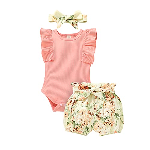 Tiny Cutey Baby Girl Clothes Infant Summer Outfits Set Ruffle Sleeve Romper and Floral Shorts with Headband