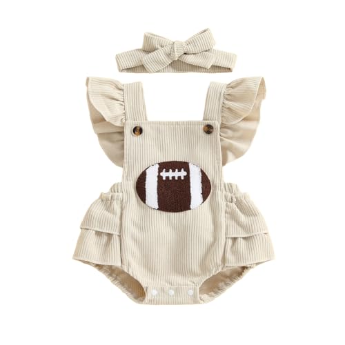 Football Baby Girl Outfit Embroidery Football Romper Ruffle Sleeve Corduroy Bodysuit Overalls Game Day Clothes