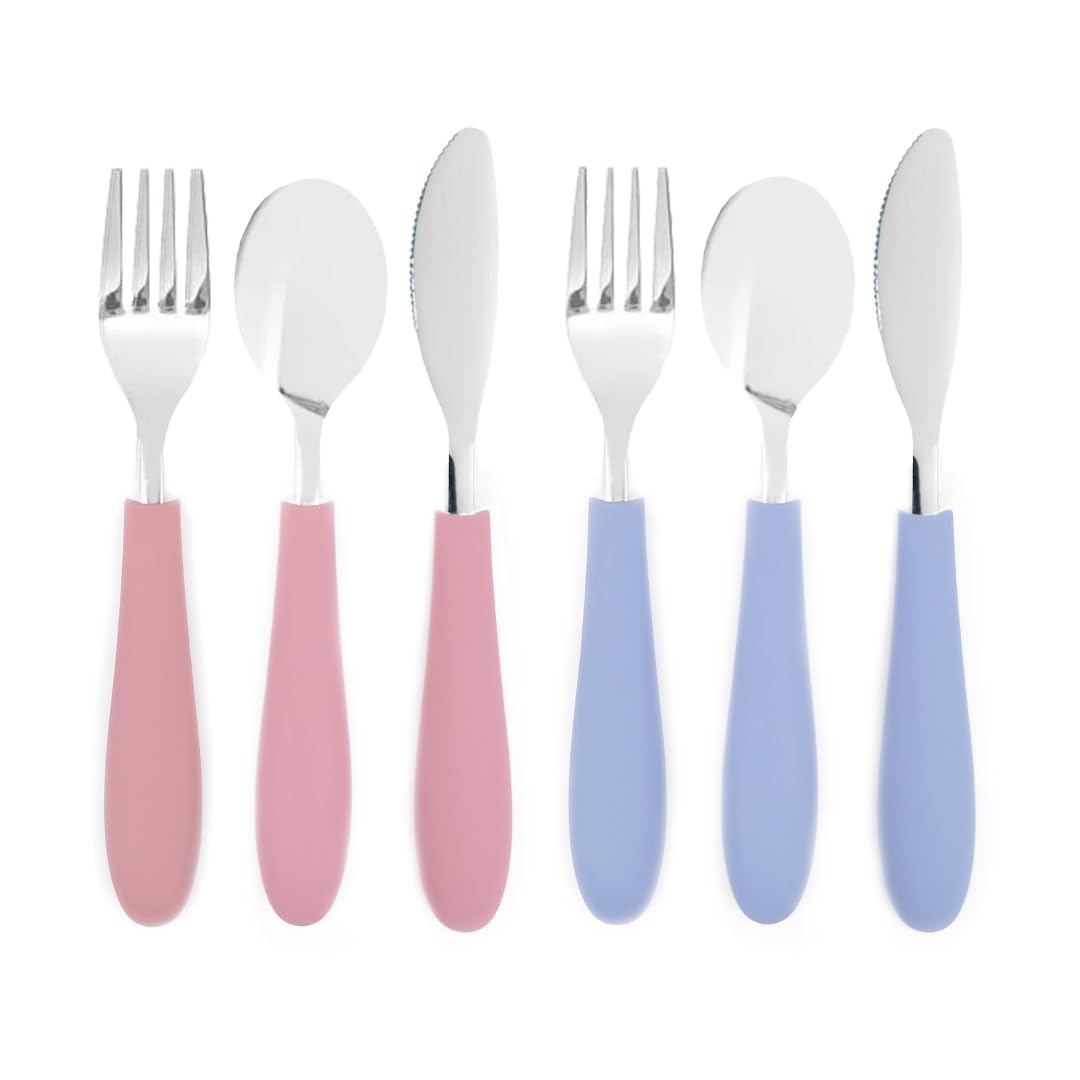 Elk and Friends Kids Silverware with Silicone Handle | Childrens Safe Flatware | Kids Utensils | Spoon + Fork + Knife set | 4 years+ | 6 Pieces