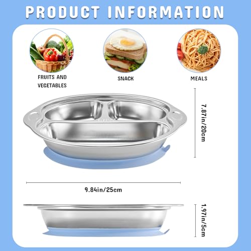 Mrs. Chou® Stainless Steel Baby Suction Plates Divided Designed for Babies and Toddlers, Made of 100% Food-Grade Materials Ideal for Baby-Led Weaning BPA-Free Toddler Feeding Supplies Dishwasher Safe