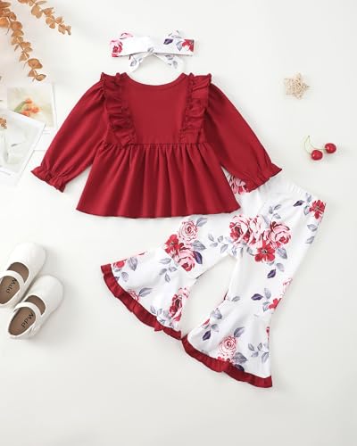 Toddler Baby Girl Clothes Fall/Winter Girls Outfits Ruffle Long Sleeve Tops Floral Flared Pants Girls' Clothing Sets