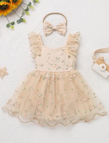 IDOPIP Floral Embroidered Baby Girl Romper Tutu Dress Princess Tulle Jumpsuit Headband Cake Smash 1st Birthday Party Outfit