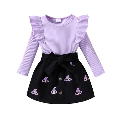 Noubeau Toddler Baby Girls Plaid Outfits Knit Ribbed Sweatshirt Shirt Tops Red Plaid Belt Skirt Fall Winter Clothes