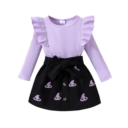 Noubeau Toddler Baby Girls Plaid Outfits Knit Ribbed Sweatshirt Shirt Tops Red Plaid Belt Skirt Fall Winter Clothes