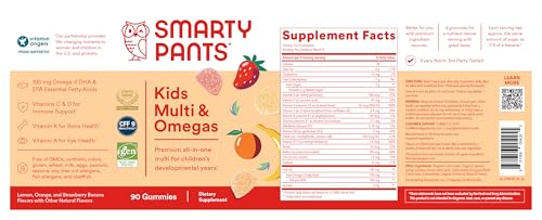 SmartyPants Kids Multivitamin Gummies: Omega 3 Fish Oil (EPA/DHA), Vitamin D3, C, Vitamin B12, B6, A, K & Zinc for Immune Support, Biotin, Gluten Free, Three Fruit Flavors, 120 Count (30 Day Supply)