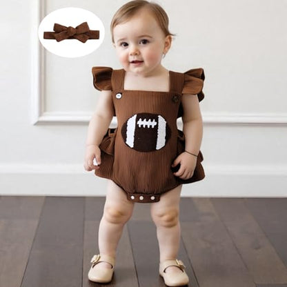Football Baby Girl Outfit Embroidery Football Romper Ruffle Sleeve Corduroy Bodysuit Overalls Game Day Clothes