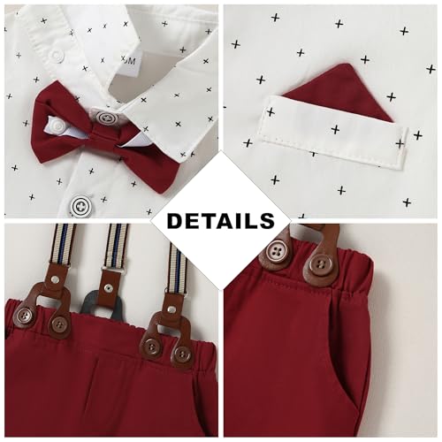 CARETOO Toddler Boy Clothes Suit Gentleman Wedding Outfits Kids Formal Dress Shirt Bowtie Long Suspender Pants Overalls 1-5T