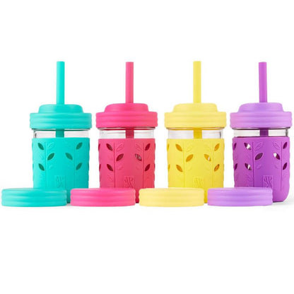 Elk and Friends Kids & Toddler Cups | The Original Glass Mason jars 8 oz with Silicone Sleeves & Silicone Straws with Stoppers | Smoothie Cups | Spill Proof Sippy Cups for Toddlers