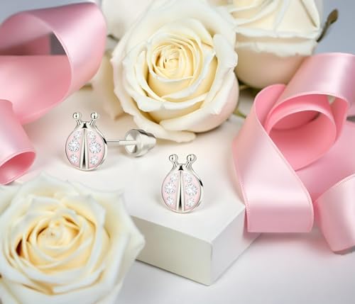 Cherished Moments Children's Sterling Silver or 14k Gold Plated Pink Ladybug Screw Back Earrings for Babies, Little Girls, Kids and Toddlers