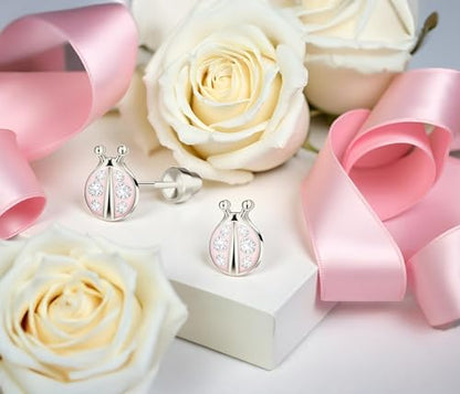 Cherished Moments Children's Sterling Silver or 14k Gold Plated Pink Ladybug Screw Back Earrings for Babies, Little Girls, Kids and Toddlers