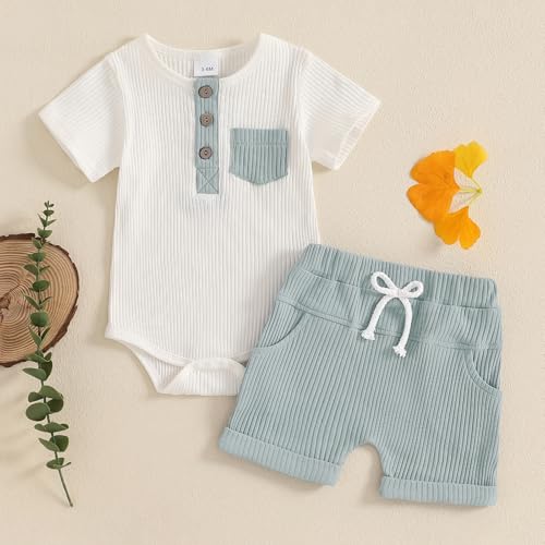 fhutpw Baby Boy Clothes Short Sleeve Romper & Shorts Sets Newborn 3 6 12 Months Summer Knitted Ribbed Splicing Color Outfits