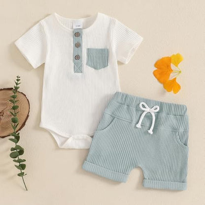 fhutpw Baby Boy Clothes Short Sleeve Romper & Shorts Sets Newborn 3 6 12 Months Summer Knitted Ribbed Splicing Color Outfits