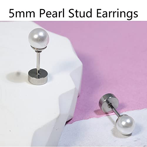 6mm Pearl Stud Earrings Flat Screw Back,14K Gold Pearl Cartilage Helix Earrings Hypoallergenic 316L Surgical Steel Piercing Jewelry Gift for Girls Women Toddlers(6mm Pearl, Gold)