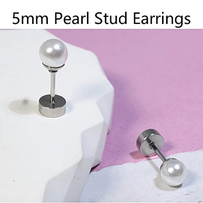 6mm Pearl Stud Earrings Flat Screw Back,14K Gold Pearl Cartilage Helix Earrings Hypoallergenic 316L Surgical Steel Piercing Jewelry Gift for Girls Women Toddlers(6mm Pearl, Gold)