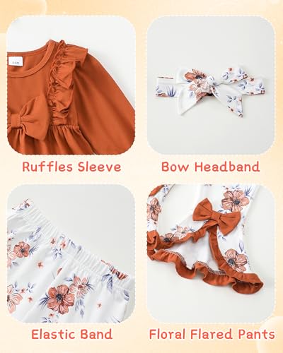 Toddler Baby Girl Clothes Fall/Winter Girls Outfits Ruffle Long Sleeve Tops Floral Flared Pants Girls' Clothing Sets