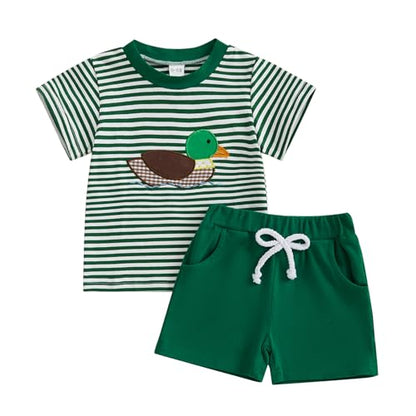 Toddler Baby Boy Summer Outfits Short Sleeve Embroidered T Shirt Tees + Striped/Plaid Shorts Infant Clothes Set