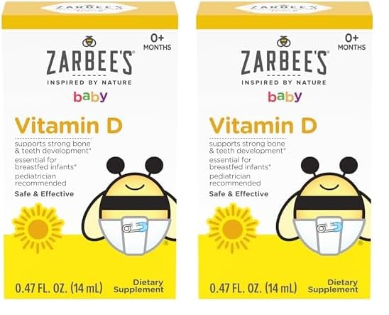 Zarbee's Vitamin D Drops for Infants, 400IU (10mcg) Baby & Toddler Liquid Supplement, Newborn & Up, Dropper Syringe Included, 0.47 Fl Oz
