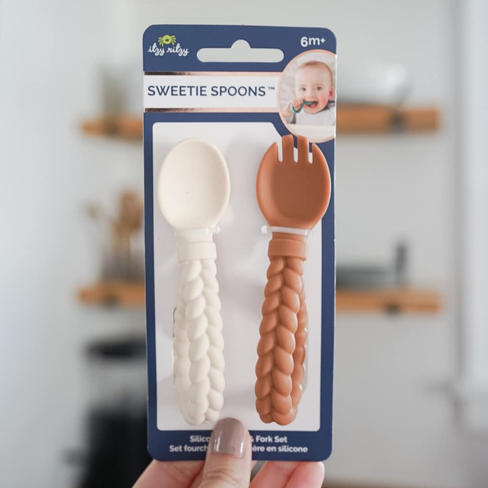 Itzy Ritzy Silicone Spoon & Fork Set; Baby Utensils Featuring a Baby Fork and Spoon with Looped, Braided Handles - Made of 100% Food Grade Silicone & BPA-Free - Ages 6 Months and Up (Pink)