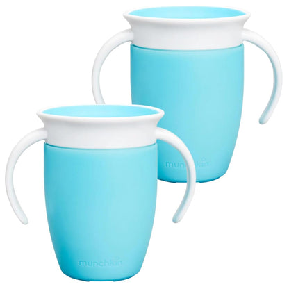 Munchkin Sippy Cup for 6 Month Old and Up, Spill Proof Miracle 360 Toddler Cups with Transition Handles, 7 Ounce, 2 Pack, Blue/Green