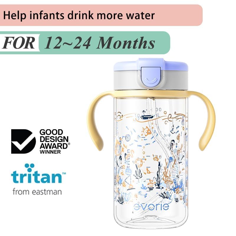 Evorie Tritan Spill Proof Toddler Straw Sippy Cup, 10 oz for Baby and Toddlers 1-3 Years Old, No Spill Straw Water Bottle with Removable Handles, Ideal for School, BPA-Free, Pink Rabbit
