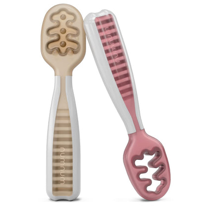 NumNum Baby Spoons Set, Baby Essentials Pre-Spoon GOOtensils for 6+ Months, First Stage Self-Feeding Spoons for Baby Led Weaning (BLW), Silicone Toddler Utensils, BPA-Free, 2 Pack Frosty Lilac/Rosebud