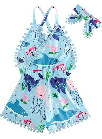 6M-3T Baby Girl Backless Bodysuit Outfit Set Romper Jumpsuit with Headband