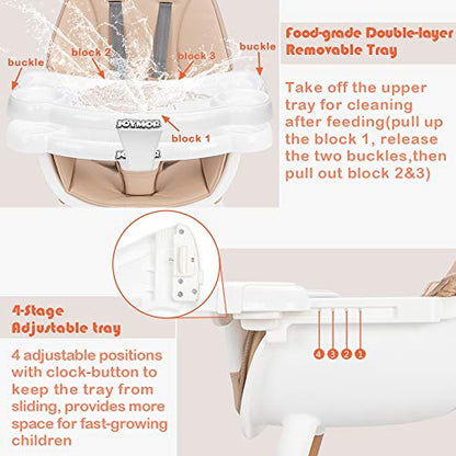JOYMOR 5-in-1 Convertible Baby High Chair for Babies and Toddlers, Table and Chair Set, Wooden Infant Eating Highchair with Leather Seat Cushion, 4-Position Removeable & Adjustable Tray (Biege)
