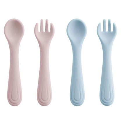 Bc Babycare Portable 4 Pack Baby & Toddler Self Feeding Fork and Spoon Set with Storage Case, BPA-Free Silicone Utensils for Boys and Girls, Safe & Easy to Carry, Blue & Pink
