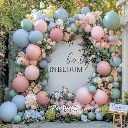 Pink Blue Green Balloon Garland Double Stuffed Dusty Light Green Baby Blue Blush Mauve Latex Pastel Balloon Arch Kit for Boho Baby Shower Gender Reveal Bear Birthday Floral Party Decoration