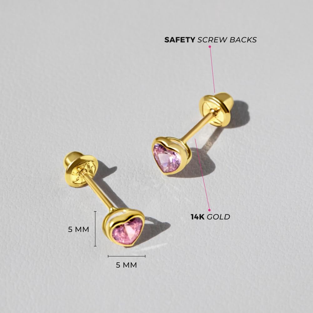 14k Yellow Gold 4mm Bezel Set Heart Cubic Zirconia Screw Back Earrings for Baby Girls, Toddlers and Young Girls - Cute Heart Earring Studs for Children with Locking Screw Backs for Kids