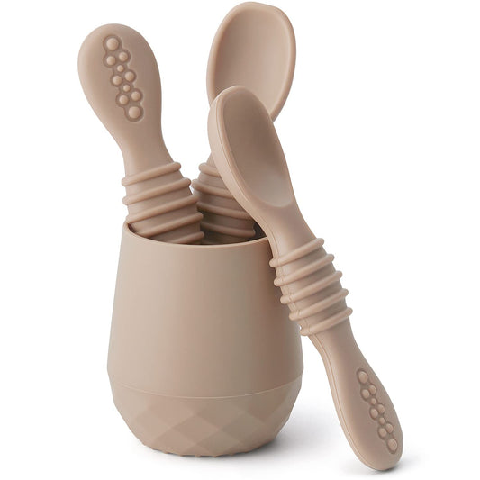 SAMiGO Silicone Baby Utensils - Self Feeding Spoons and Tiny Training Cup - First Stage Baby Led Weaning Supplies for 6 Months+ Infants - Set of 3