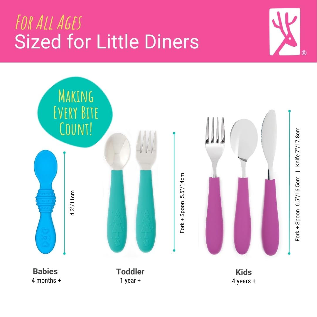Elk and Friends Kids Silverware with Silicone Handle | Childrens Safe Flatware | Toddler Utensils | Baby Spoons + Forks | Stainless Steel Cutlery