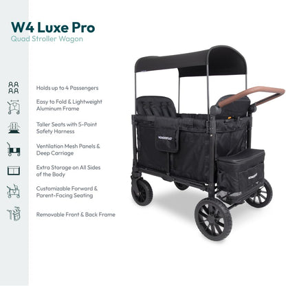 WONDERFOLD W4 Luxe Quad Stroller Wagon Featuring 4 High Face-to-Face Seats with Magnetic Buckle 5-Point Harnesses and Adjustable/Removable UV-Protection Canopy, Hunter Green